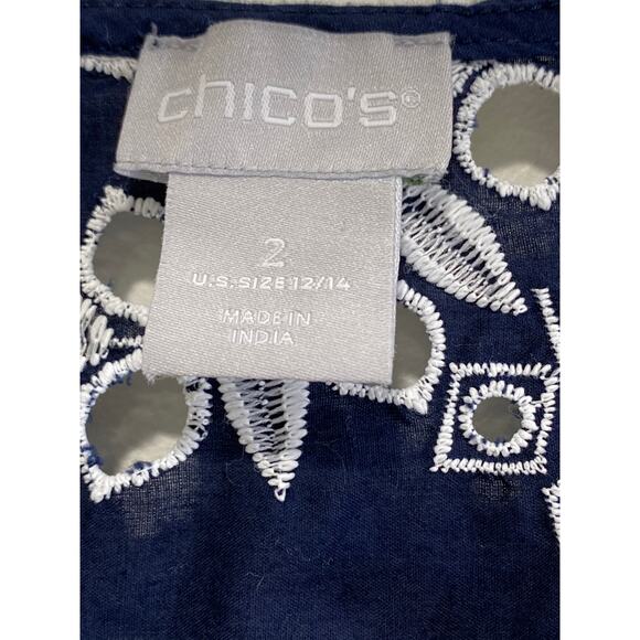 Chico’s Floral Embroidered Eyelet Tunic Top Womens Sz L Pullover Balloon Sleeves - Picture 6 of 13